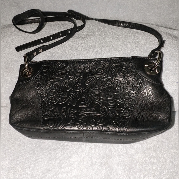 Bruce Makowsky black leather tooled crossbody bag. - Picture 7 of 9